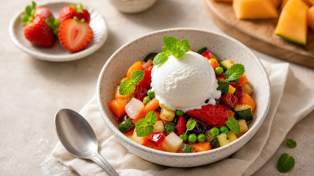 Gelato di ricotta con macedonia di frutta e verdura colorata