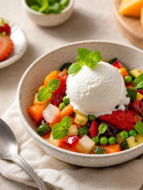 Gelato di ricotta con macedonia di frutta e verdura colorata