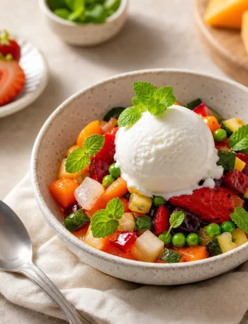 Gelato di ricotta con macedonia di frutta e verdura colorata