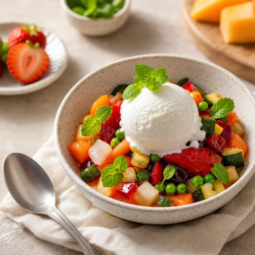 Gelato di ricotta e macedonia di frutta e verdura