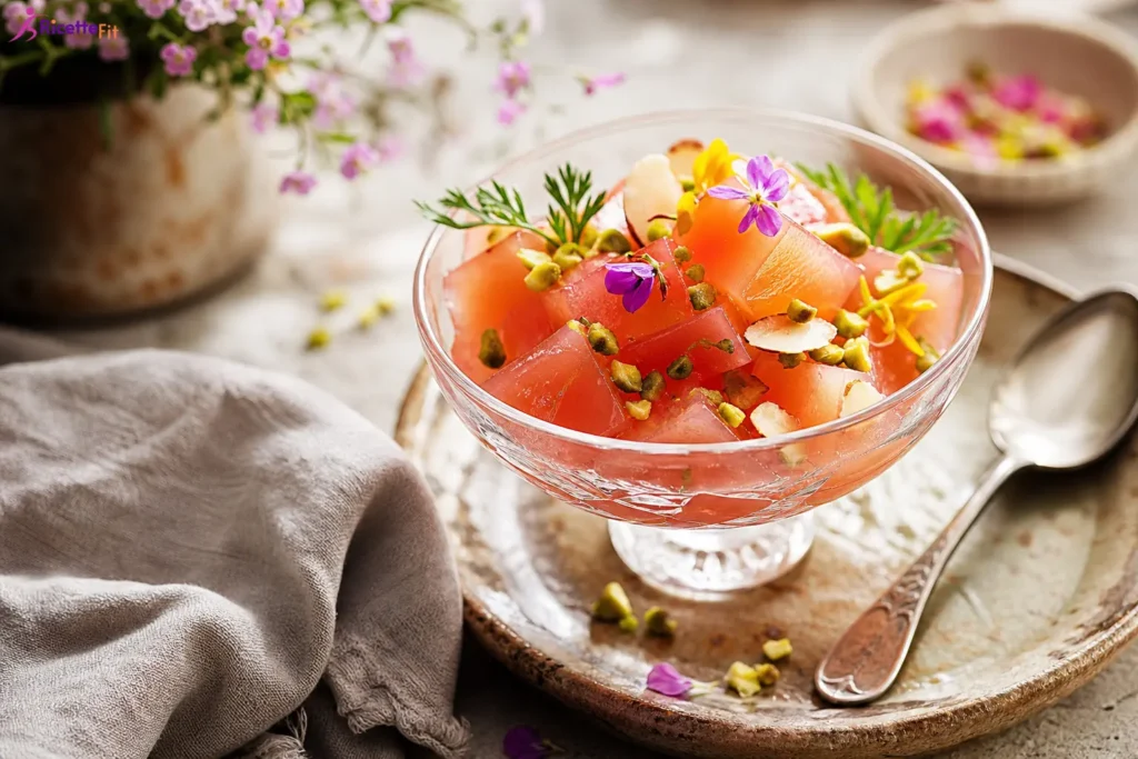 Gelo di cannella in coppa con pistacchi, mandorle e fiori eduli