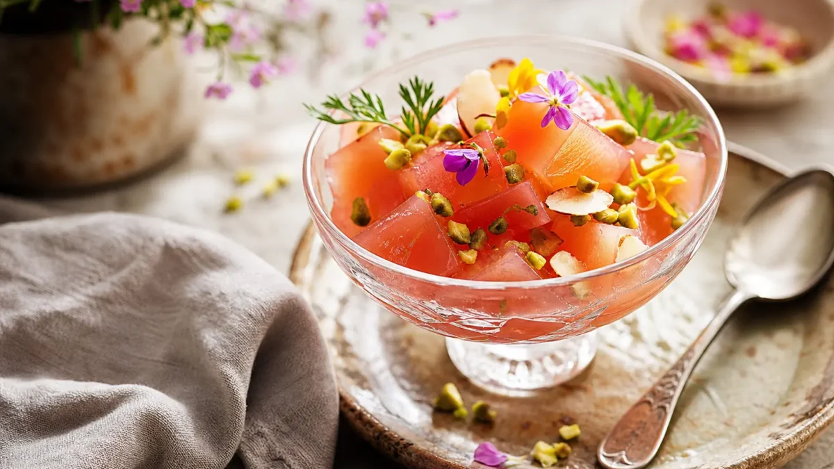 Gelo di cannella in coppa con pistacchi, mandorle e fiori eduli