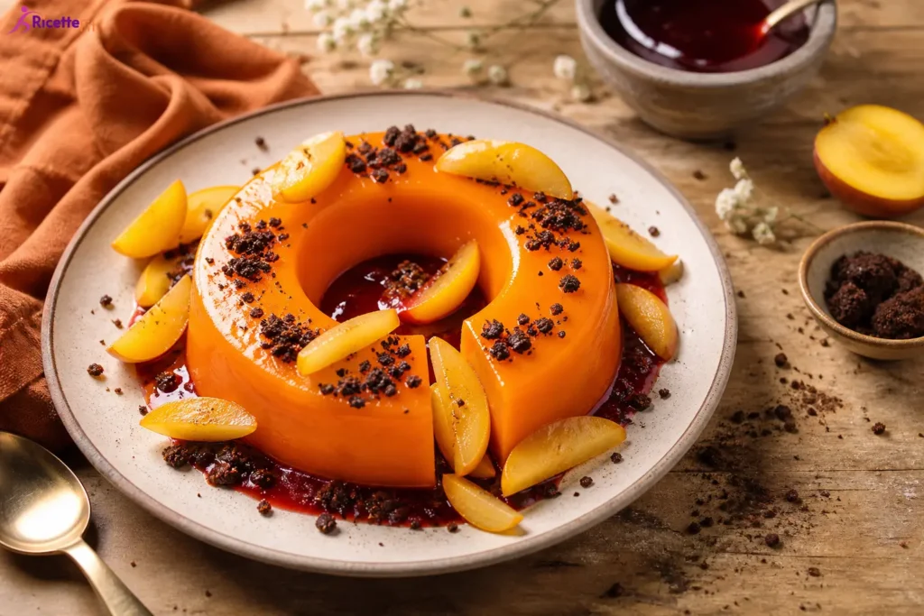 Gelo di melone con salsa di prugne, briciole di cioccolato e prugne gialle