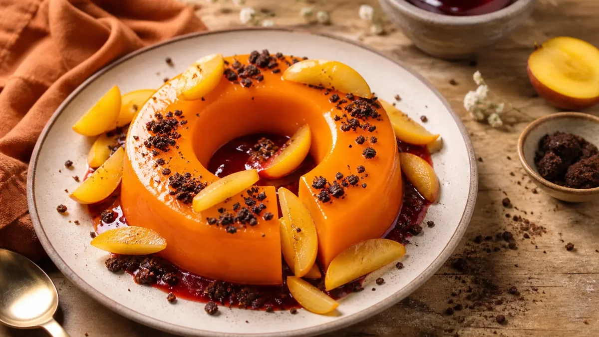 Gelo di melone con salsa di prugne, briciole di cioccolato e prugne gialle