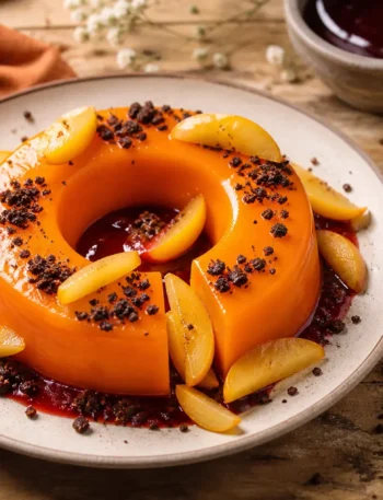 Gelo di melone con salsa di prugne, briciole di cioccolato e prugne gialle