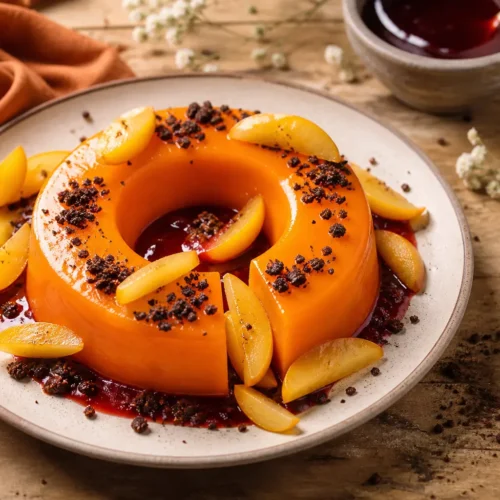 Gelo di melone, briciole di cioccolato e salsa di prugne