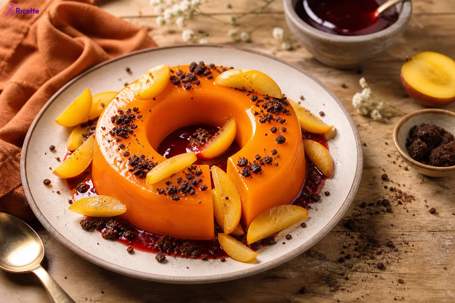 Gelo di melone con salsa di prugne, briciole di cioccolato e prugne gialle