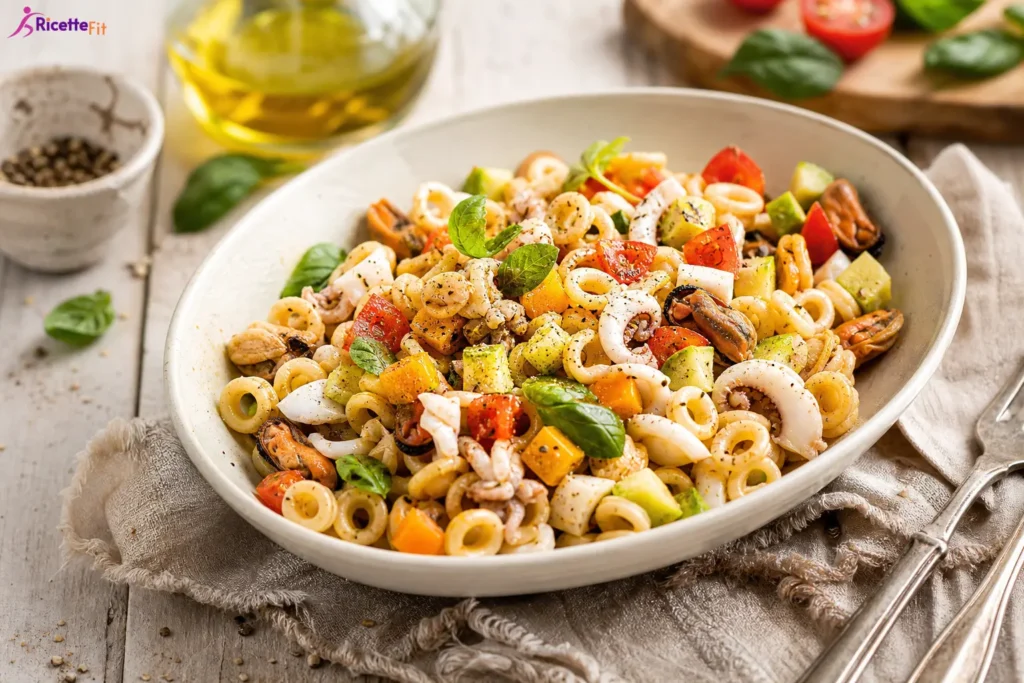 Insalata di anellini con molluschi, calamari, cetriolo, mango e pomodorini