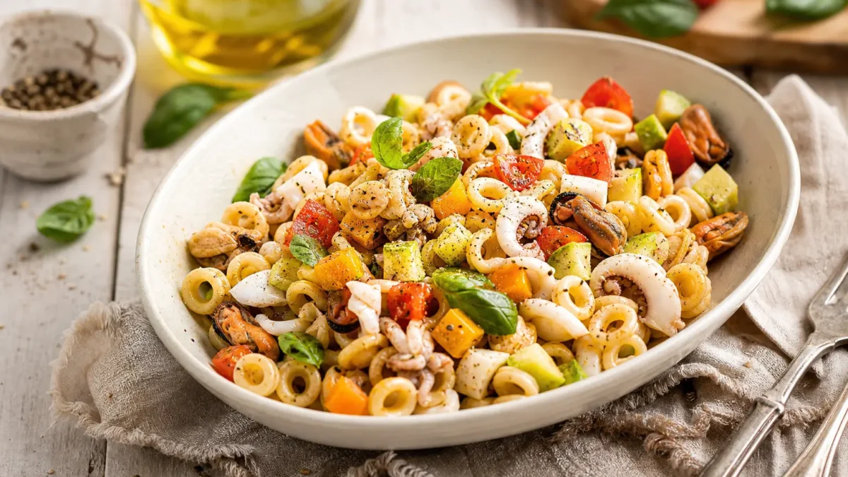 Insalata di anellini con molluschi, calamari, cetriolo, mango e pomodorini