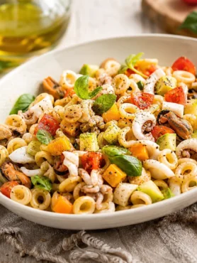 Insalata di anellini con molluschi, calamari, cetriolo, mango e pomodorini