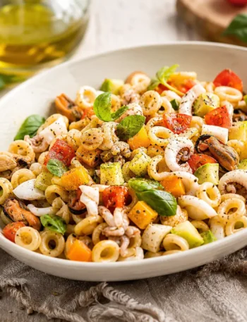 Insalata di anellini con molluschi, calamari, cetriolo, mango e pomodorini