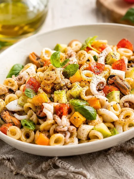 Insalata di anellini con molluschi, calamari, cetriolo, mango e pomodorini
