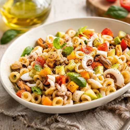 Insalata di anellini, molluschi, cetriolo e mango