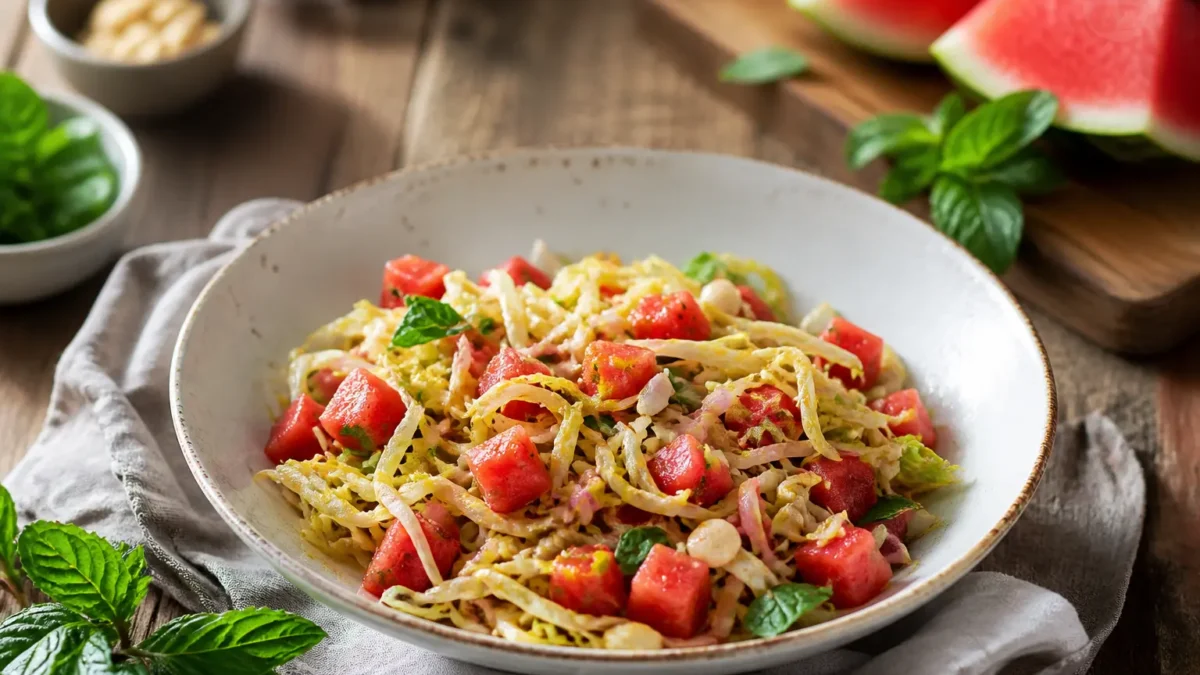 Insalata di anguria con cavolo cappuccio, feta light e menta fresca