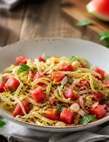 Insalata di anguria con cavolo cappuccio, feta light e menta fresca
