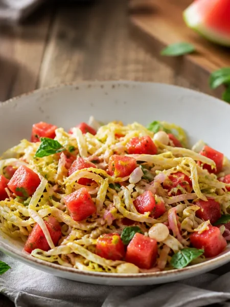 Insalata di anguria con cavolo cappuccio, feta light e menta fresca
