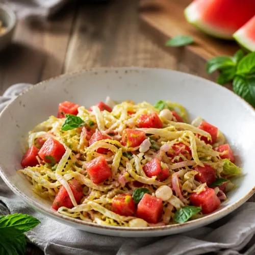 Insalata di anguria croccante con cavolo, feta e menta