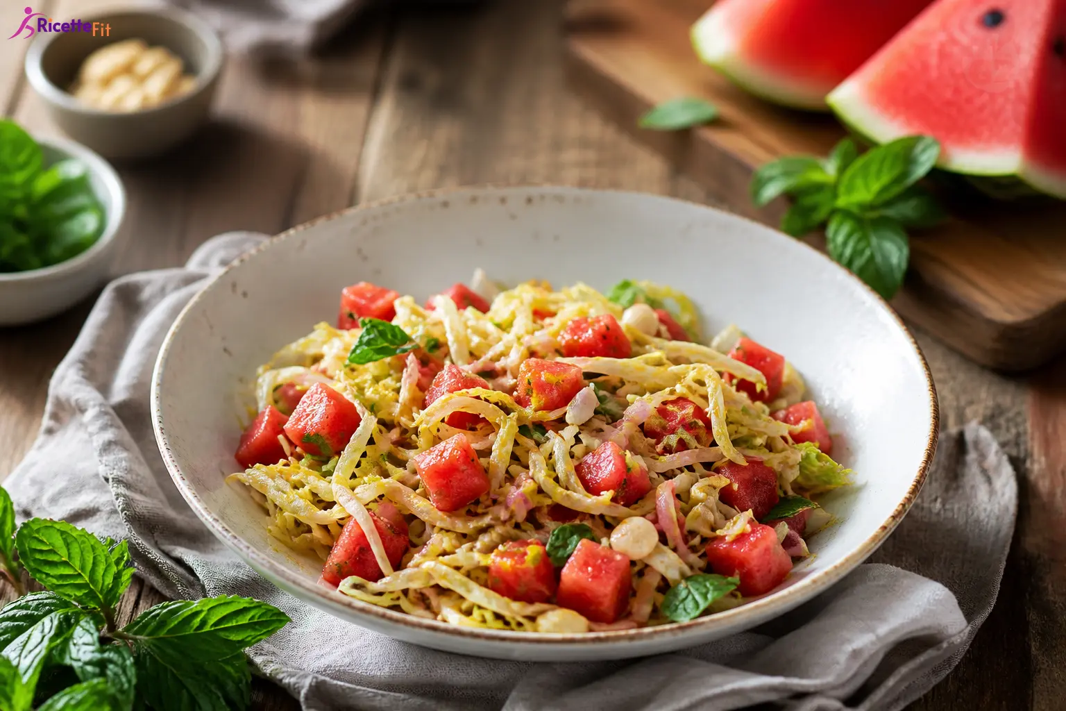 Insalata di anguria croccante con cavolo, feta e menta