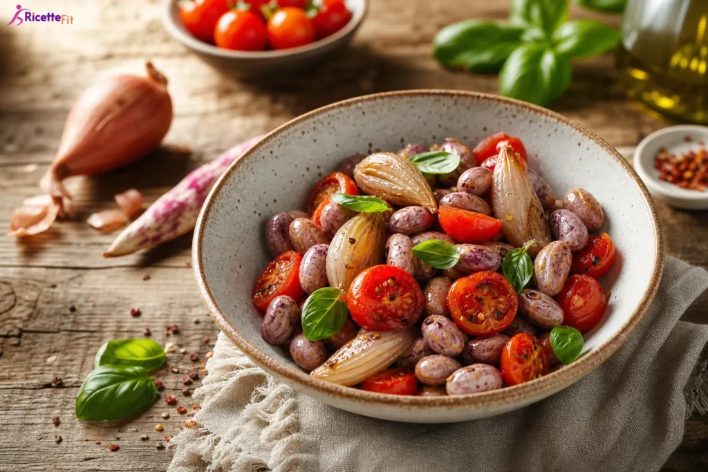 Insalata di borlotti freschi con pomodorini e scalogni glassati al basilico