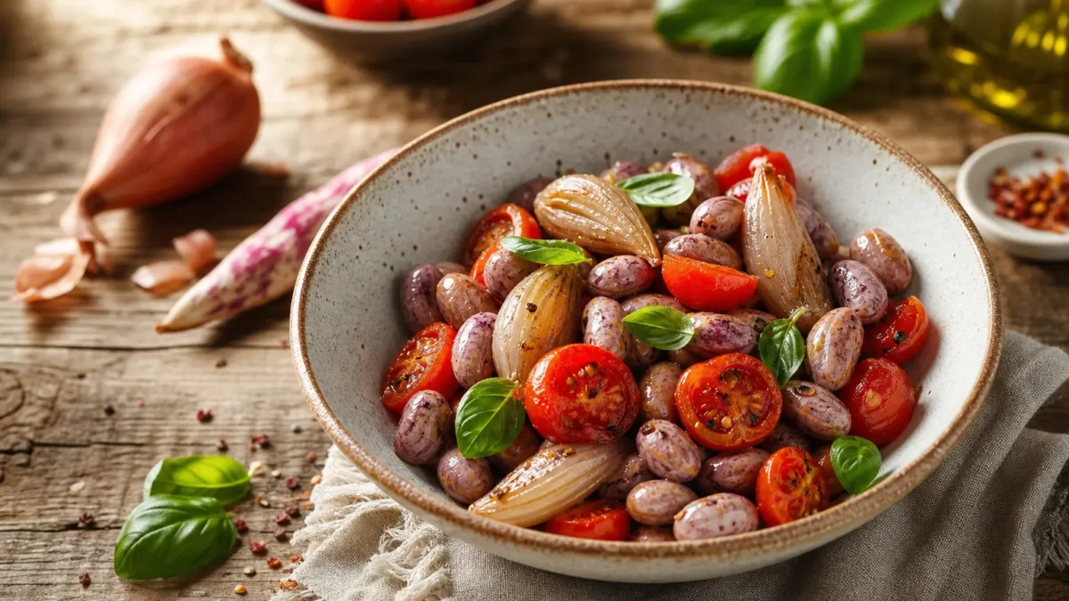 Insalata di borlotti freschi con pomodorini e scalogni glassati al basilico