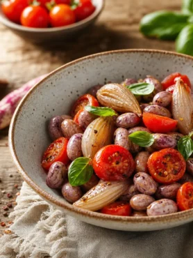 Insalata di borlotti freschi con pomodorini e scalogni glassati al basilico