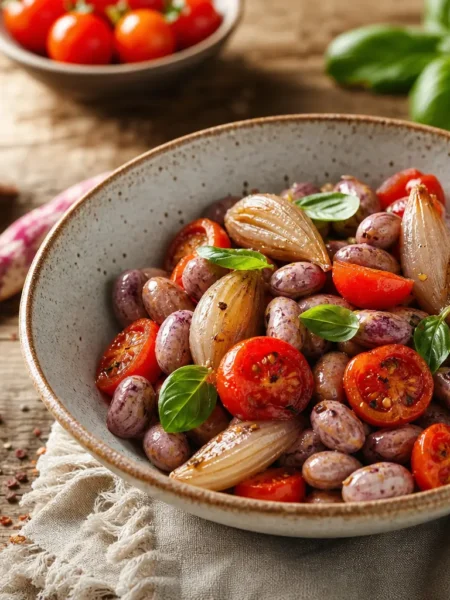 Insalata di borlotti freschi con pomodorini e scalogni glassati al basilico