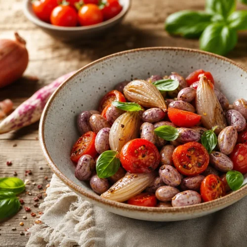 Insalata di borlotti freschi con pomodorini, scalogni glassati e basilico