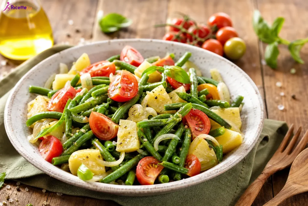 Insalata di fagiolini, patate, pomodorini e cipolla con basilico