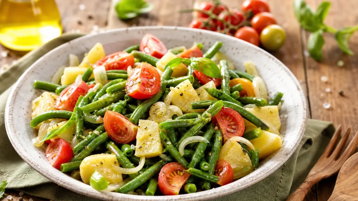 Insalata di fagiolini, patate, pomodorini e cipolla con basilico