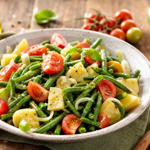 Insalata di cipolla, fagiolini, patate e pomodorini