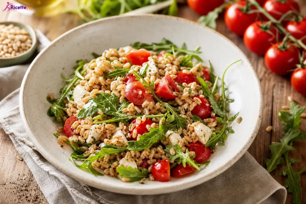 Insalata di farro e orzo con rucola, pomodorini e mozzarella light