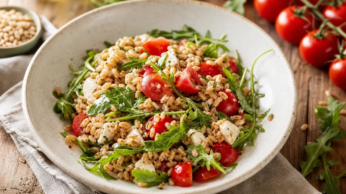 Insalata di farro e orzo con rucola, pomodorini e mozzarella light