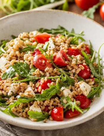 Insalata di farro e orzo con rucola, pomodorini e mozzarella light