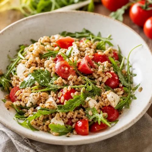 Insalata di farro e orzo con rucola, pomodorini e mozzarella