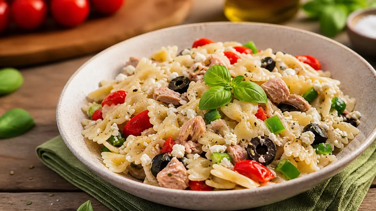 Insalata di pasta fit con tonno, feta, olive nere, pomodorini e basilico