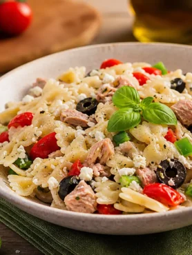 Insalata di pasta fit con tonno, feta, olive nere, pomodorini e basilico
