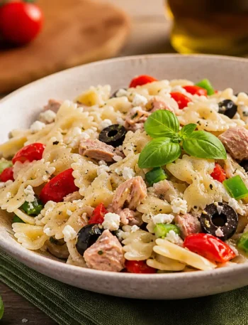 Insalata di pasta fit con tonno, feta, olive nere, pomodorini e basilico