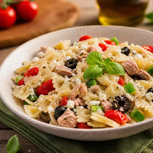 Insalata di pasta mediterranea con tonno, feta, olive e basilico