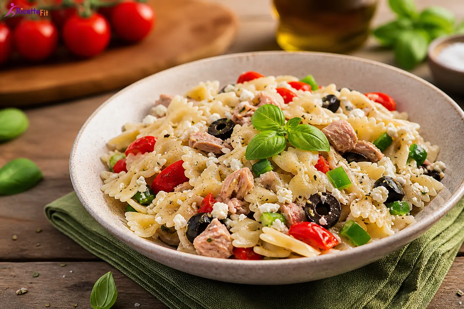 Insalata di pasta mediterranea con tonno, feta, olive e basilico