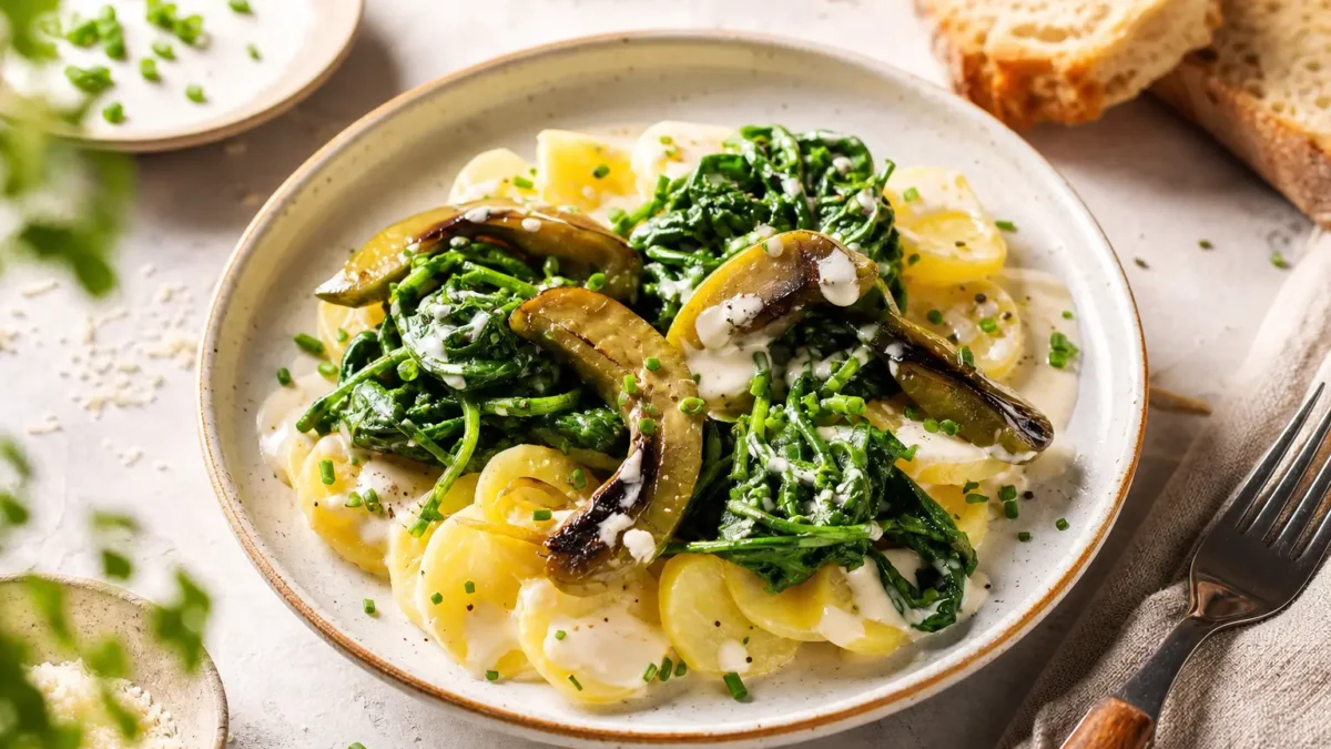 Insalata di patate novelle con friggitelli, spinaci e salsa al parmigiano