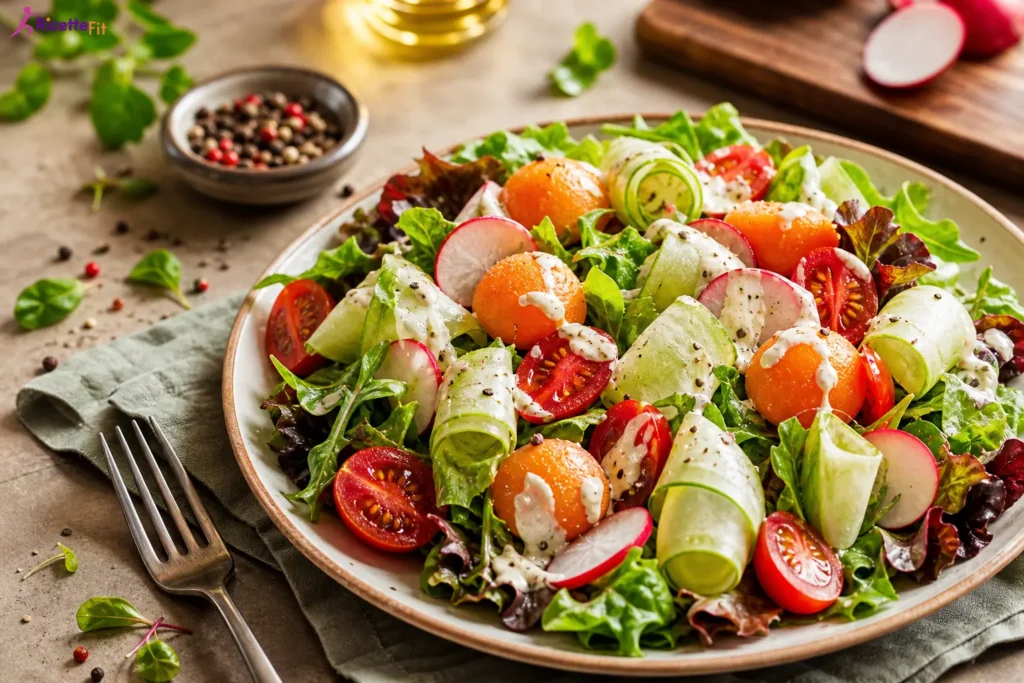 Insalata fit con melone, ravanelli, pomodorini, cetriolo e salsa allo yogurt