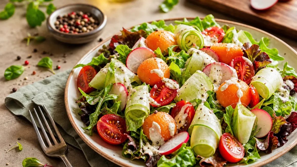 Insalata fit con melone, ravanelli, pomodorini, cetriolo e salsa allo yogurt