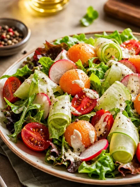 Insalata fit con melone, ravanelli, pomodorini, cetriolo e salsa allo yogurt
