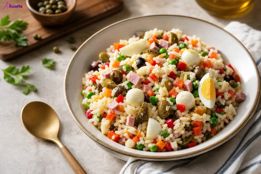 Insalata di riso fit con verdure, olive, uova e mozzarella in ciotola