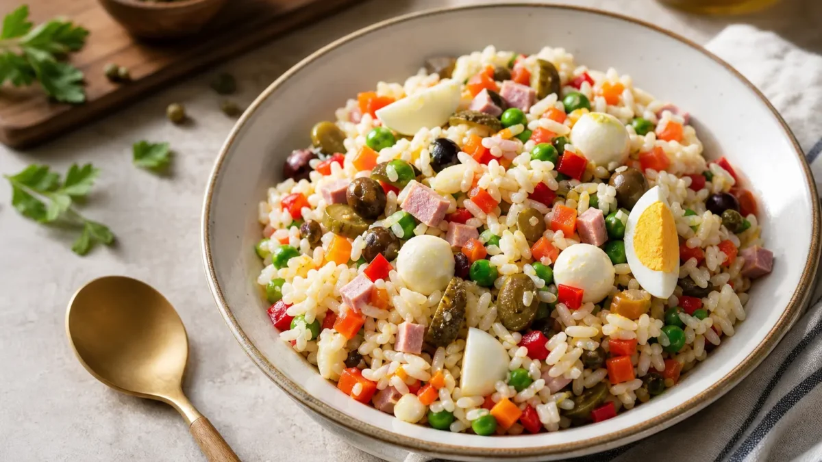 Insalata di riso fit con verdure, olive, uova e mozzarella in ciotola