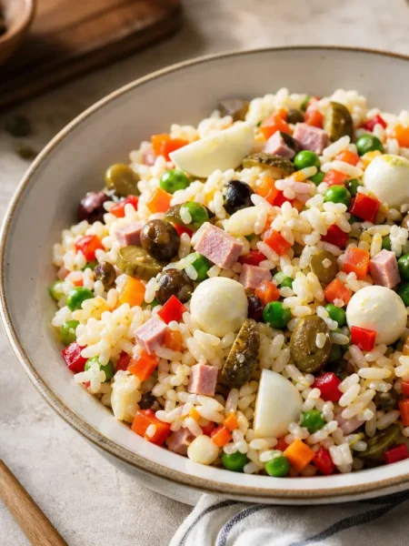 Insalata di riso fit con verdure, olive, uova e mozzarella in ciotola