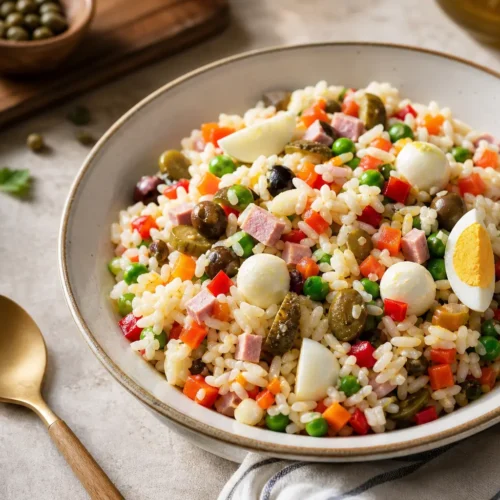 Insalata di riso fit con verdure, olive, uova e mozzarella