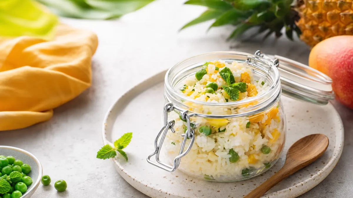 Insalata di riso mango e ananas fit in vasetto con piselli e menta