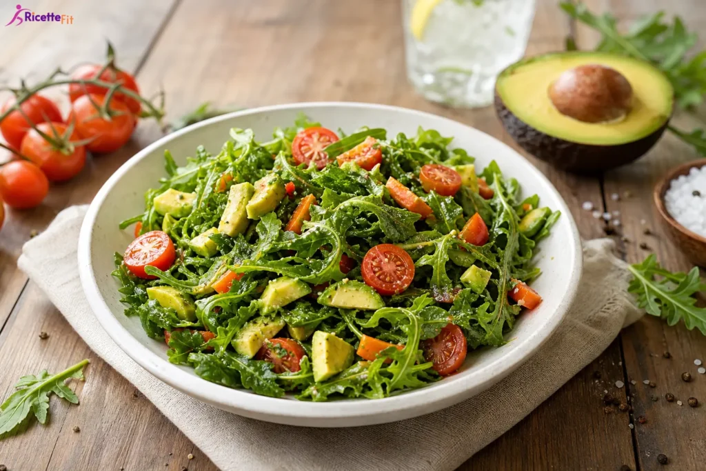 Insalata fit con avocado, rucola, pomodorini e semi di canapa