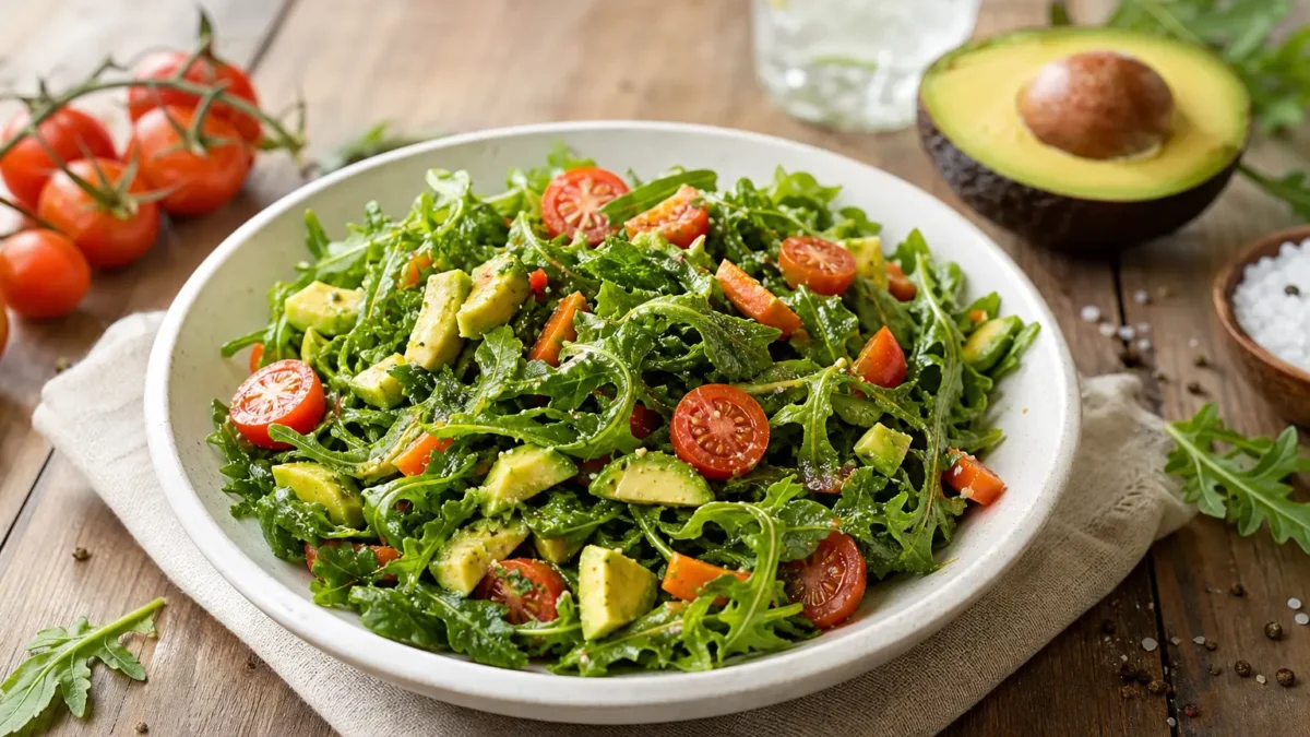 Insalata fit con avocado, rucola, pomodorini e semi di canapa